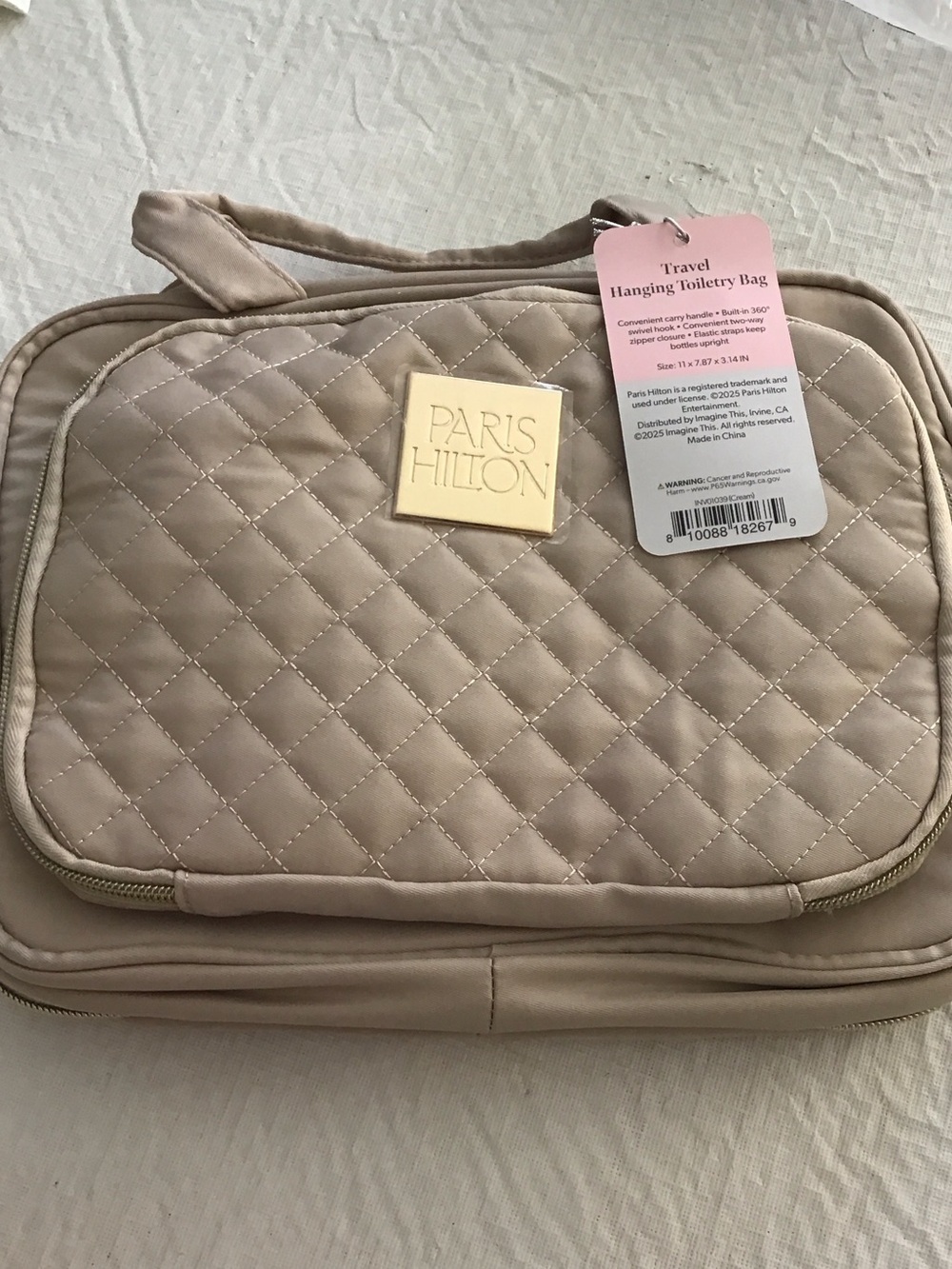Paris Hilton Beige Quilted Travel Hanging Toiletry Case
